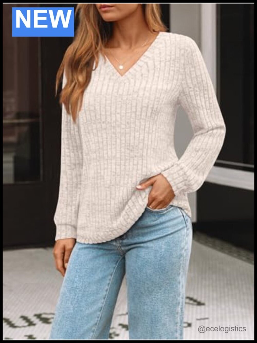 V Neck Long Sleeve Lightweight Knit Pullover Tunic Blouse